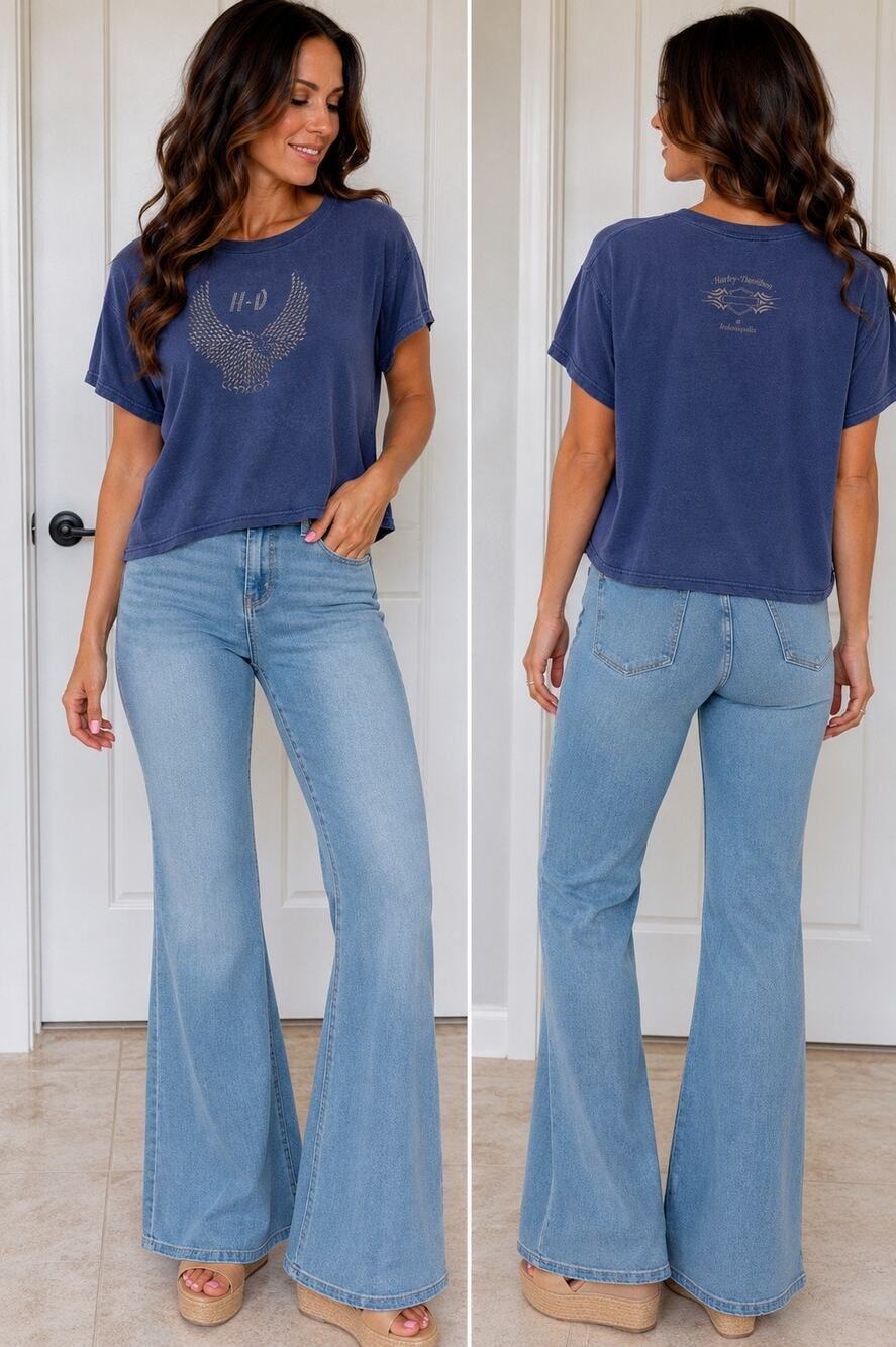 Vintage Harley Davidson Women’s T-shirt Studded Eagle Navy blue large